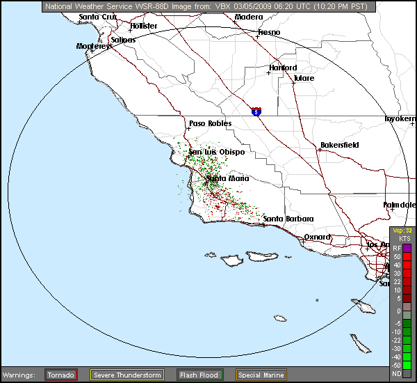 Click for latest Storm Relative Motion radar loop from the Vandenberg Air Force Base, CA radar and current weather warnings