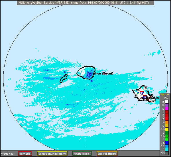Click for latest Storm Total Precipitation radar loop from the Kauai, HI radar and current weather warnings