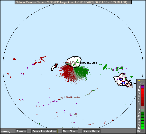 Click for latest Storm Relative Motion radar loop from the Kauai, HI radar and current weather warnings
