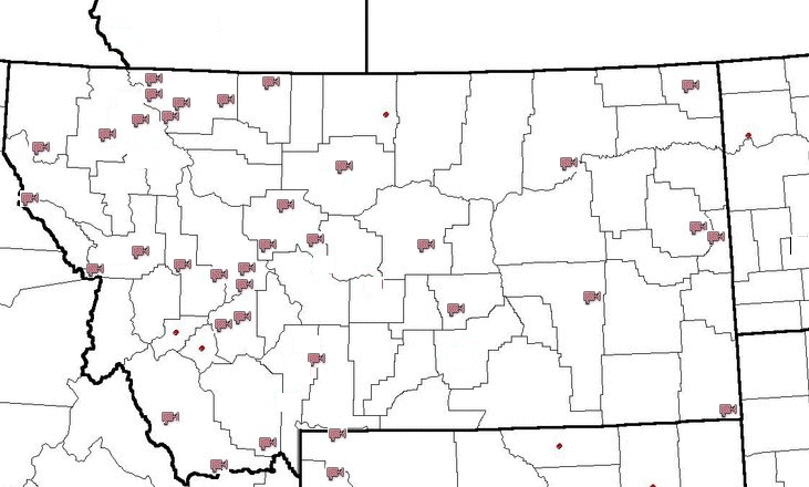 Map of web accessible cameras depicting weather conditions in Montana