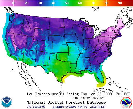 Graphic Forecast of Temperatures Across the US from the National Digital Forecast Database
