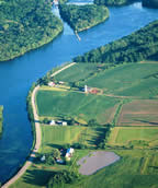 aerial of farmland and water