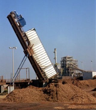 Truck unloading wood chips that will fuel the Tracy Biomass Plant, Tracy, California