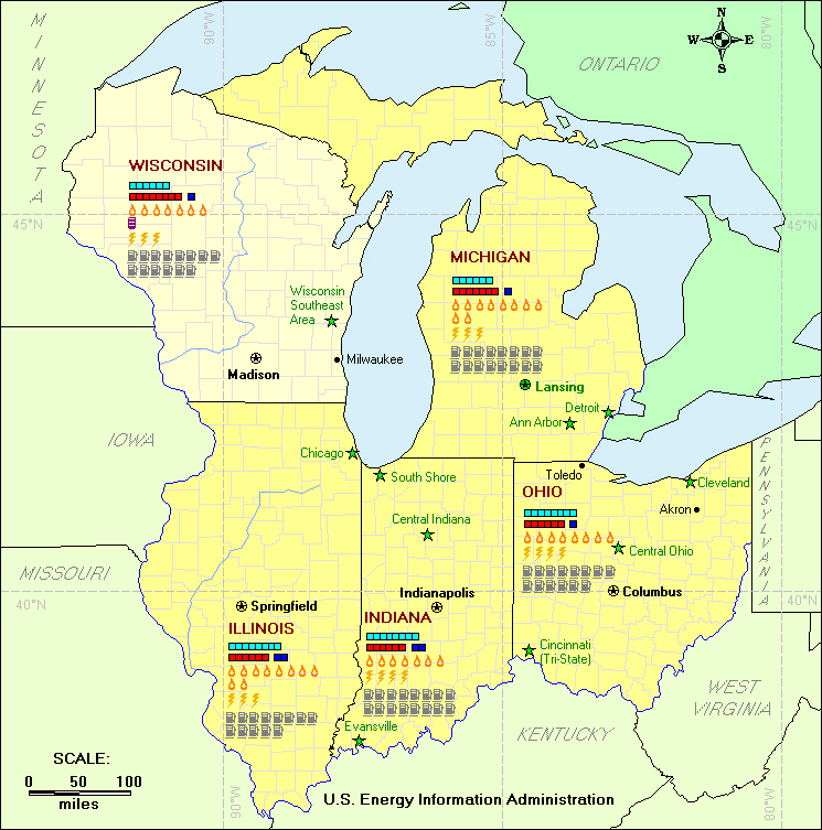 This Residential Energy Map of the East North Central U.S. Census Division displays household consumption of natural gas, fuel oil, electricity, and motor gasoline, as well as weather indicators (heating and cooling degree-days and precipitation) for Illinois, Indiana, Ohio, Michigan, and Wisconsin. If you have trouble reading this map, please call 1-202-586-8800.