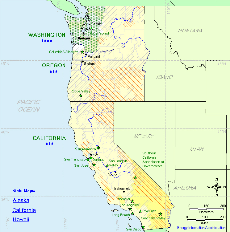 This map of the Contiguous Pacific Division shows the potential for solar, geothermal, and wind energy, as well as indicators of hydroelectric, biomass, and wood energy potential.
If you have trouble reading this map, please call 1-202-586-8800.