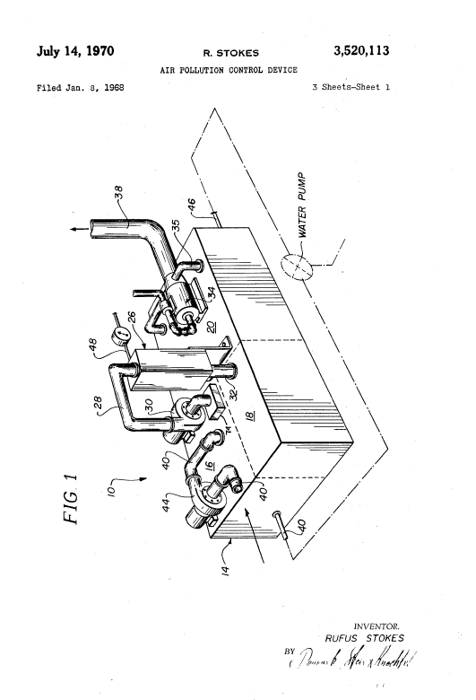 image of Rufus Stokes's Patent #3,520,113 on the air pollution control device