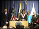 First Lady Michelle Obama speaks to ED employees in the auditorium at the U.S. Department of Education.