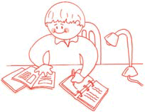 Childlike drawing of a child studying at a table, and writing into a notebook