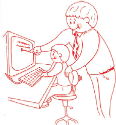 Childlike drawing of a father and child looking at a computer screen together.