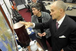 New York City Police Commissioner Ray Kelly discusses the city's public transportation with Secretary Janet Napolitano at NYPD Headquarters.