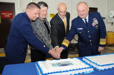 Master Chief Petty Officer of the Coast Guard Charles Bowen, Homeland Security Secretary Janet Napolitano, former Secretary Michael Chertoff and Commandant of the Coast Guard Admiral Thad Allen at the Coast Guard Service Secretary Transfer of Authority Ceremony in Washington, D.C., March 23, 2009. 