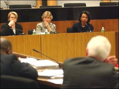 Secretary Spellings, Under Secretary of State Hughes, and Secretary of State Rice listen during the closing session of the U.S. University Presidents Summit on International Education.