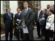 Secretary Arne Duncan answers questions from the press after his meeting with urban superintendents at the White House, where they discussed the American Recovery and Reinvestment Act.