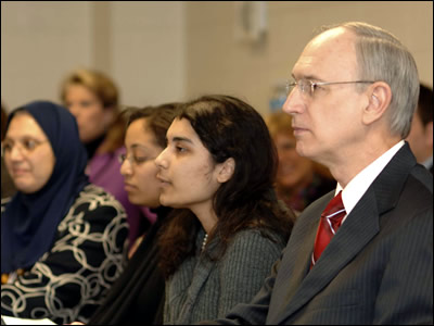 Deputy Secretary Simon participates in a videoconference on critical languages at Sprague Technology Center in Annandale, Virginia. He was joined by students learning Arabic from Hayfield Secondary School, who spoke via teleconference with students from Tunis, Tunisia, and Beirut, Lebanon. This teleconference, which was carried out with the support of the American Council on the Teaching of Foreign Languages (ACTFL), highlighted the importance of critical language education to American competitiveness and international education and cooperation during the U.S. Department of Education's seventh annual International Education Week.