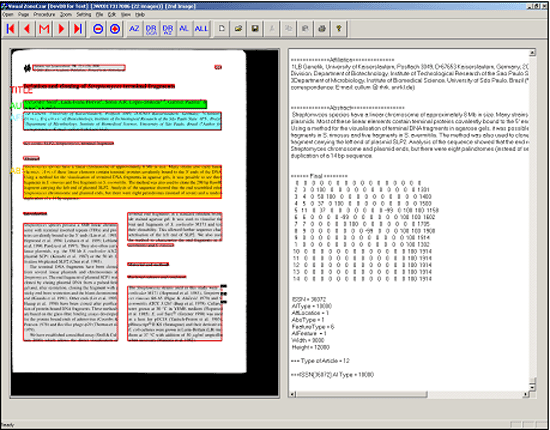 Screen capture of MARS program with a split screen. On the left is a scanned journal article, the different zones are highlighted.