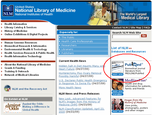 NLM home page, pointing out link to PubMed