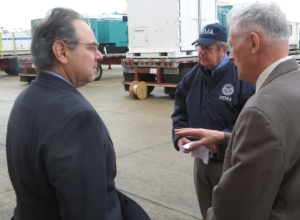 Regional Adminstrator Art Cleaves and New Hampshire Congressman Paul Hodes Survey Generators delivered to the Logistics Staging Site in Portsmouth