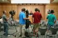 News Cameramen lined up at a FEMA press conference in Iowa
