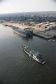 Arial of boat traffic on the Mississippi River in Louisiana