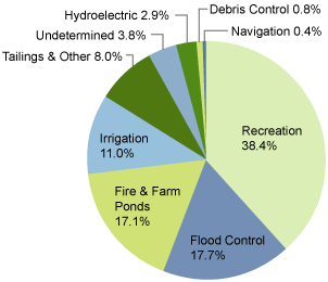 Primary Purpose of U.S. Dams: 38.4% Recreation, 17.7% Flood Control, 17.1% Fire & Farm Ponds, 11.0% Irrigation, 8.0% Tailings & Other, 3.8% Undetermined, 2.9% Hydroelectric, 0.8% Debris Control, and 0.4% Navigation