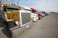 Trucks lined up at a FEMA staging area in Houston, TX