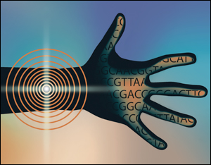 Photo collage of hand, concentric circles centered on wrist, and listing of DNA base pairs on hand