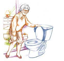 Mujer mayor preparándose para usar el baño.