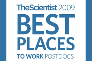 A logo that reads, the scientist 2009 best places to work postdocs.