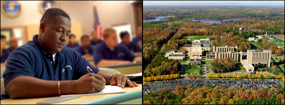 Photo of Academy student in the classroom, and Aerial photo of the Academy