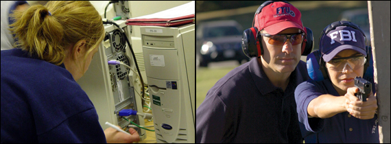 Photo of Student working on a desktop computer, and Photo of firearms instructor and student at the range