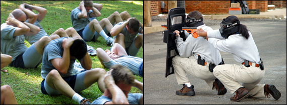 Photo of physical training (PT), and photo of simulated tactics at hogan's alley.