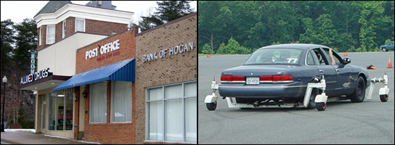 Photo of Street corner in Hogan's Alley, and photo of defensive driving vehicle at TEVOC.