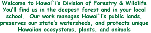 Welcome to Hawaiis Division of Forestry and Wildlife.  You'll find us in the deepest forest and in your local school.  our work manages Hawaii's public lands, preserves our state's watersheds, and protects unique Hawaiian ecosystems, plants and animals.