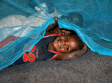 Photo of children in the Adit Internally Displaced Persons Camp in northern Uganda lying under a mosquito net in preparation for bedtime. 