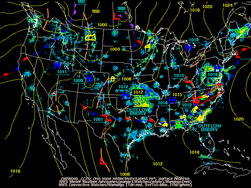 Latest HPC surface analysis, NWS Winter Weather Watches/Warnings/Advisories, and radar loop