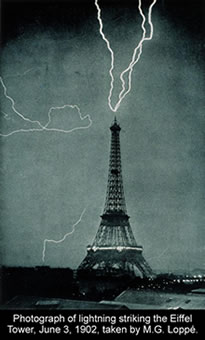 Picture of lightning striking the Eiffel Tower. Labeled, June 3, 1902, Taken by M.G. Loppe.