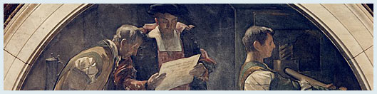 detail of a historical painting of men looking at a manuscript