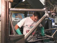 A worker assembles a bicycle at Cannondale's plant in Bedford, Pennsylvania