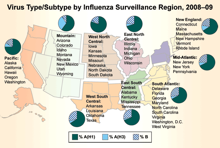Map: Virus Type/Subtype by Influenza Surveillance Region, 2007-08