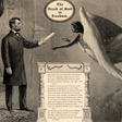 Detail of a document showing Abraham Lincoln handing a scroll to an angel.