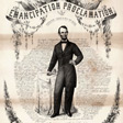 A printed copy of the Emancipation Proclamation with Lincoln's standing portrait on it.