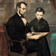 Abraham Lincoln and son looking at a book.