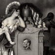 An allegorical figure mourns at Lincoln's tombstone.