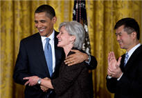 photograph of Kathleen Sebelius with President Obama
