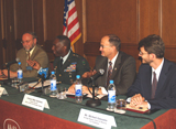 (L—R) Mr. Paul Saxton of the U.S. Africa Command, General William E. “Kip” Ward, Commander of U.S. Africa Command, Colonel Mike Garrison, Deputy Director of the ACSS, and Mr. Michael C.Gonzales, Acing Deputy Chief of Mission at the closing of the symposium.