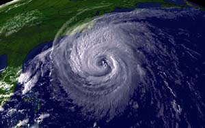 NOAA over head satellite image of Hurricane Isabel beginning to lash the U.S. mainland with its powerful winds taken on Sept. 17, 2003, at 5:15 p.m. EDT.