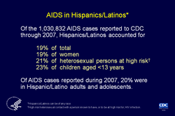 Slide 4. AIDS in Hispanics/Latinos

More than half of the cumulative AIDS cases reported in the United States and dependent areas were in persons of minority races/ethnicities.

Hispanics/Latinos account for a disproportionate share of AIDS cases. In 2007, Hispanics/Latinos accounted for 15% of the population of the 50 states and the District of Columbia; yet, from the beginning of the epidemic through 2007, they accounted for 17% of the total number of AIDS cases reported to CDC for the 50 states and the District of Columbia and 19% of all AIDS cases reported to CDC.

From the beginning of the epidemic through 2007, 19% of the women, 21% of heterosexuals, and 23% of the children reported as having AIDS were Hispanic/Latino.

In 2007, 20% of AIDS cases reported among adults and adolescents were in Hispanics/Latinos.

Hispanics/Latinos can be of any race.