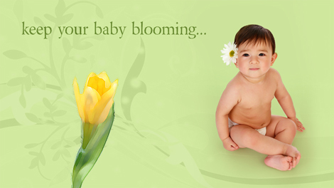 This card show an infant growing from birth to sitting up along with a flower blooming from bud to full flower and reads, 