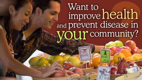 This is a greeting card that reads “Want to improve health and prevent disease in your community?”  The card has an image of a young couple purchasing fruit at a market. The inside of this card reads “Turn to the Community Guide. Learn about policies and programs proven to work.” [Text links to www.cdc.gov/Features/CommunityGuide/] The card has an image of the Community Guide logo, the HHS and CDC logos, as well as the CDC Web address, which is www.cdc.gov.