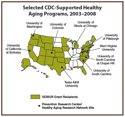 Map showing selected CDC-supported healthy aging programs, 2003-2008 with text description provided below